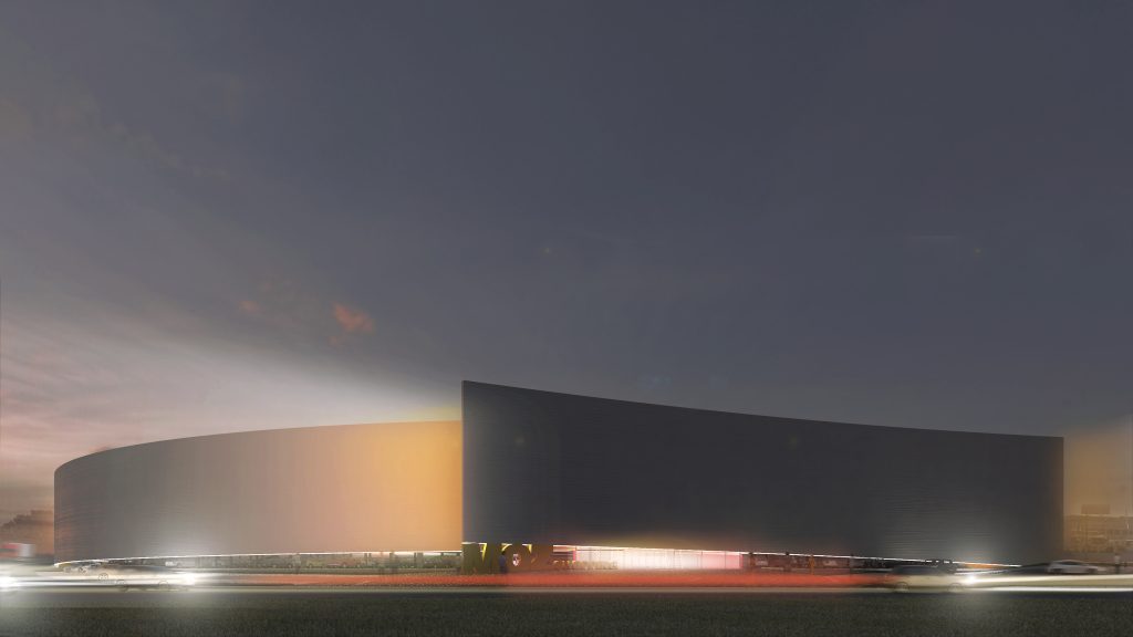 Imagem tridimensional apresentando o conceito de Iluminação de fachada no projeto Moz Shopping Center, localizado em Maputo, Moçambique.
