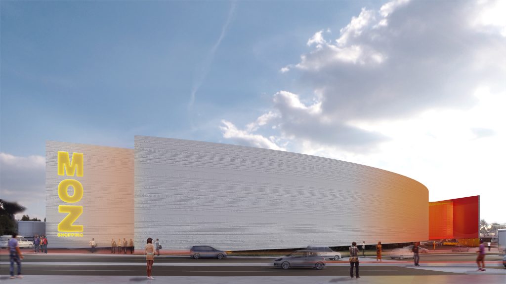 Imagem tridimensional apresentando o conceito de Fachada e cores no projeto Moz Shopping Center, localizado em Maputo, Moçambique.