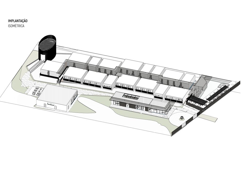 Axonometria apresentando o Enquadramento e implantação no projeto Hotel Nanii, localizado em Rio Grande do Norte, Brasil.
