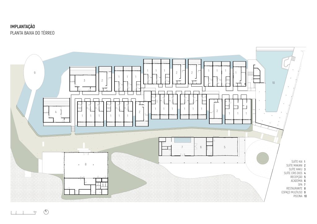 Planta apresentando o Layout e tipologia de quartos no projeto Hotel Nanii, localizado em Rio Grande do Norte, Brasil.