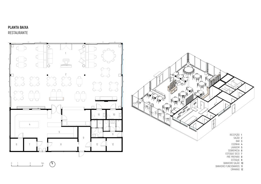 Planta e axonometria apresentando a Proposta de layout restaurante no projeto Hotel Nanii, localizado em Rio Grande do Norte, Brasil.