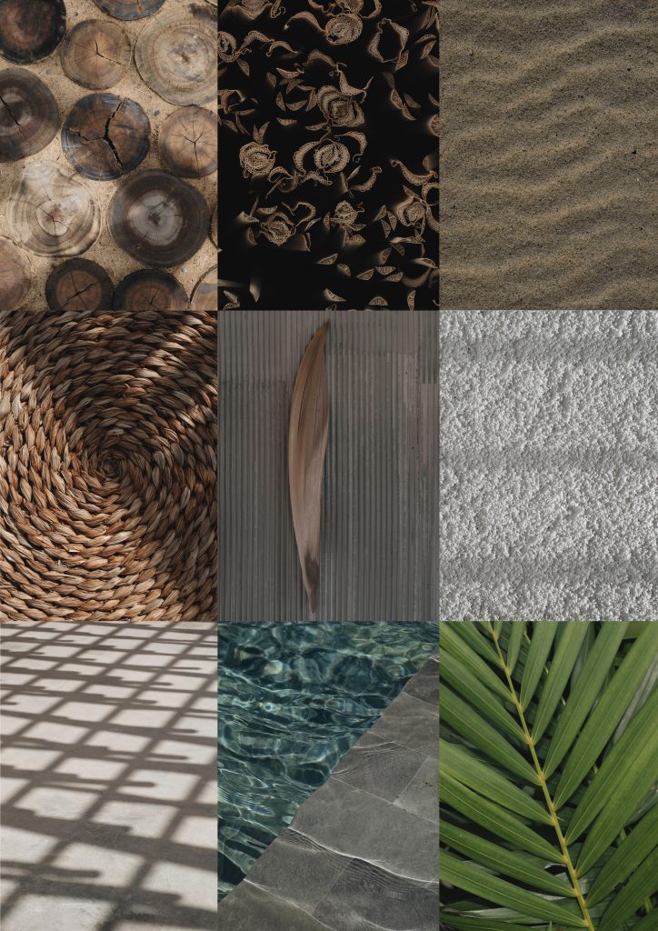 Fotomontagem apresentando os Materiais e texturas no projeto Hotel Nanii, localizado em Rio Grande do Norte, Brasil.