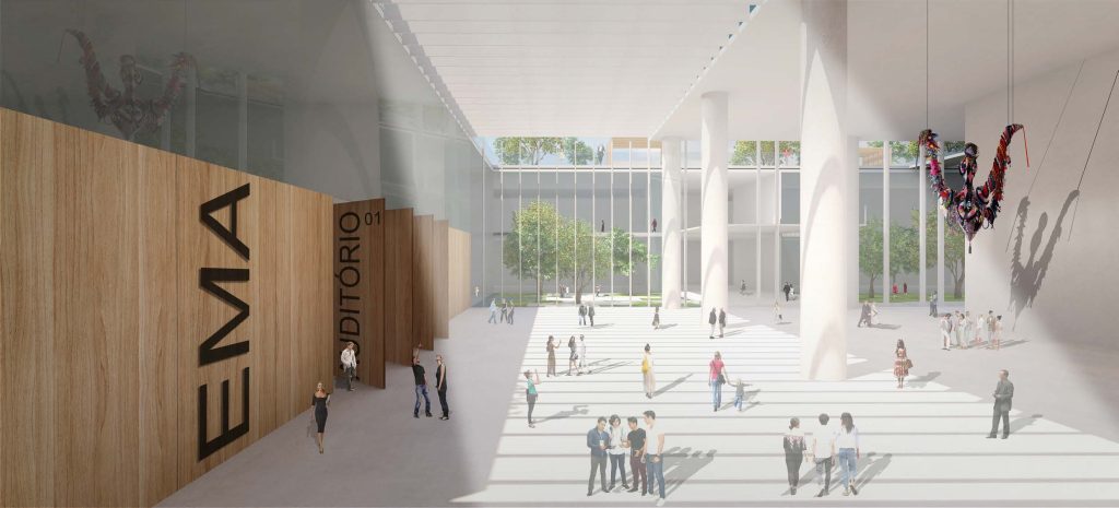 Imagem tridimensional apresentando o Foyer, recepção da EMA no projeto Parcela 1.11 | EMA, localizado em Lisboa, Portugal.