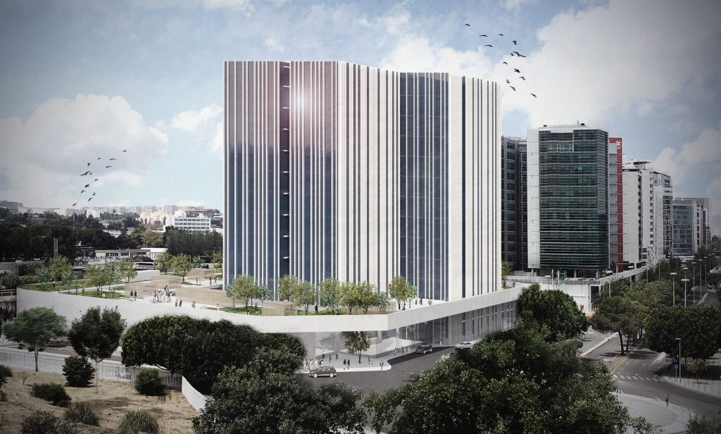 Imagem tridimensional apresentando a Perspetiva exterior, envolvente urbana no projeto Parcela 1.11 | EMA, localizado em Lisboa, Portugal.