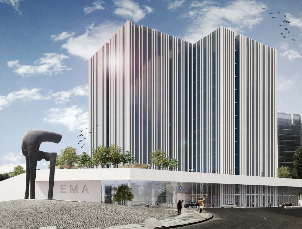 Imagem tridimensional apresentando a Perspetiva da entrada da EMA no projeto Parcela 1.11 | EMA, localizado em Lisboa, Portugal.