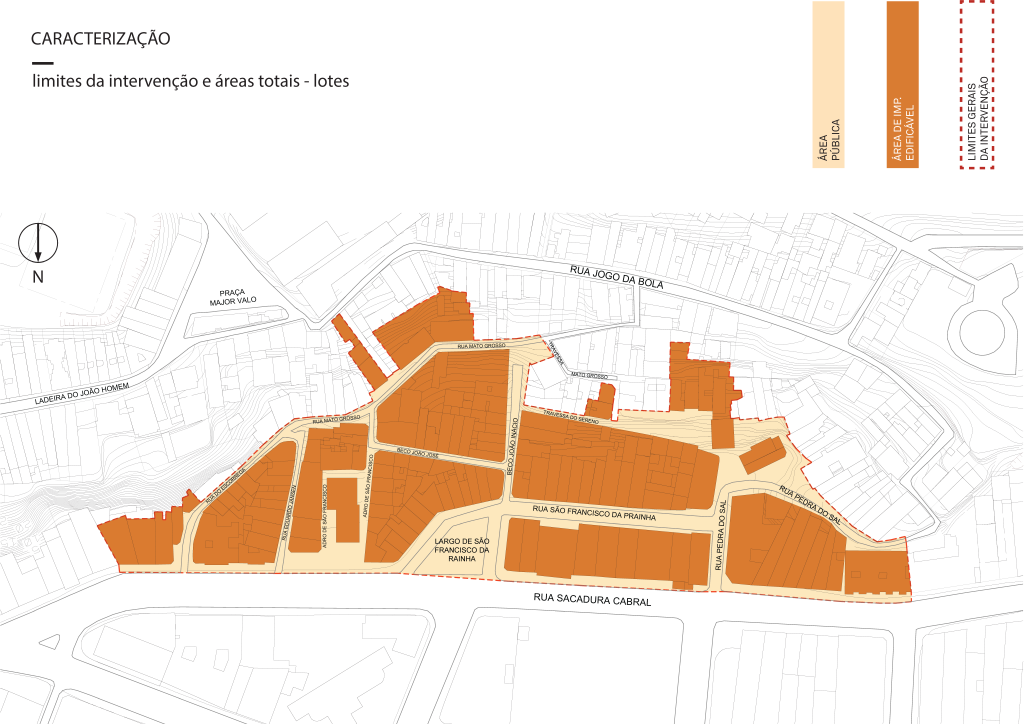 Diagrama apresentando as Áreas de intervenção e limites no projeto Pedra do Sal, localizado em Rio de Janeiro, Brasil.