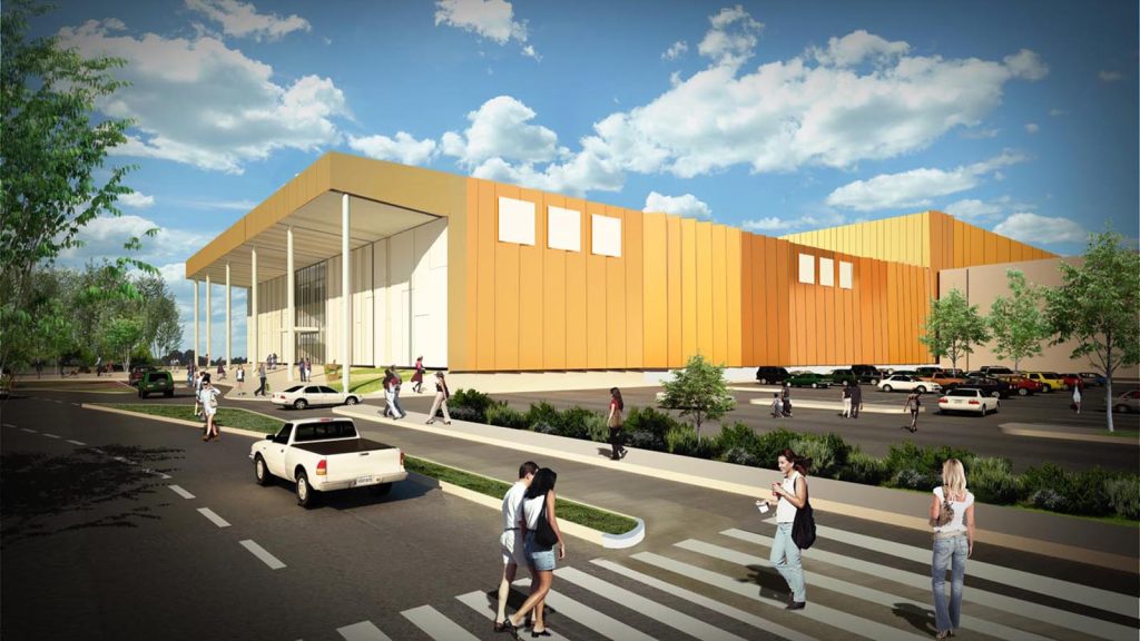 Imagem tridimensional apresentando o conceito de Fachada e envolvente no projeto Praça Alvorada Shopping Center, localizado em Rio Grande do Sul, Brasil.