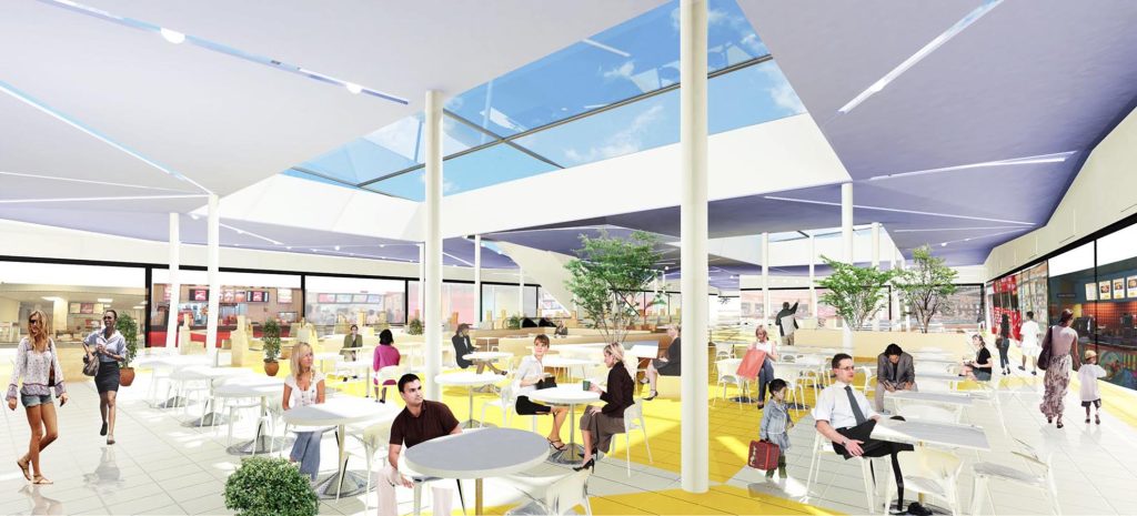 Imagem tridimensional apresentando o conceito de Interior foodcourt no projeto Praça Alvorada Shopping Center, localizado em Rio Grande do Sul, Brasil.
