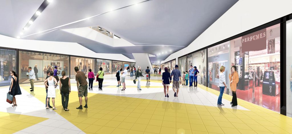 Imagem tridimensional apresentando o conceito de Interior lojas no projeto Praça Alvorada Shopping Center, localizado em Rio Grande do Sul, Brasil.