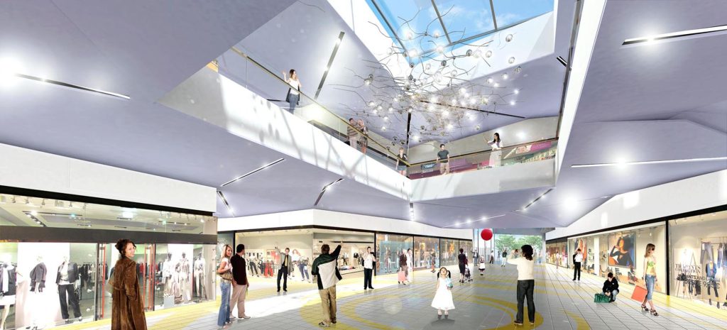 Imagem tridimensional apresentando o conceito de Interior lojas e iluminação no projeto Praça Alvorada Shopping Center, localizado em Rio Grande do Sul, Brasil.