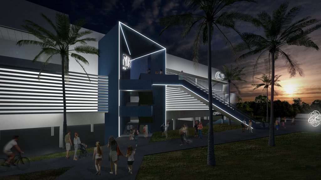 Imagem tridimensional apresentando o conceito de Entrada de noite no projeto Praça Brasília Shopping Center, localizado em Brasília, Brasil.