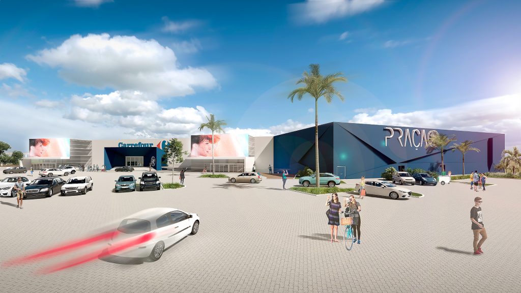 Imagem tridimensional apresentando o conceito de Estacionamento e envolvente urbana no projeto Praça Brasília Shopping Center, localizado em Brasília, Brasil.