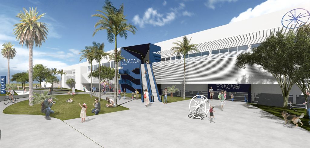 Imagem tridimensional apresentando o conceito de Fachada e entrada no projeto Praça Brasília Shopping Center, localizado em Brasília, Brasil.