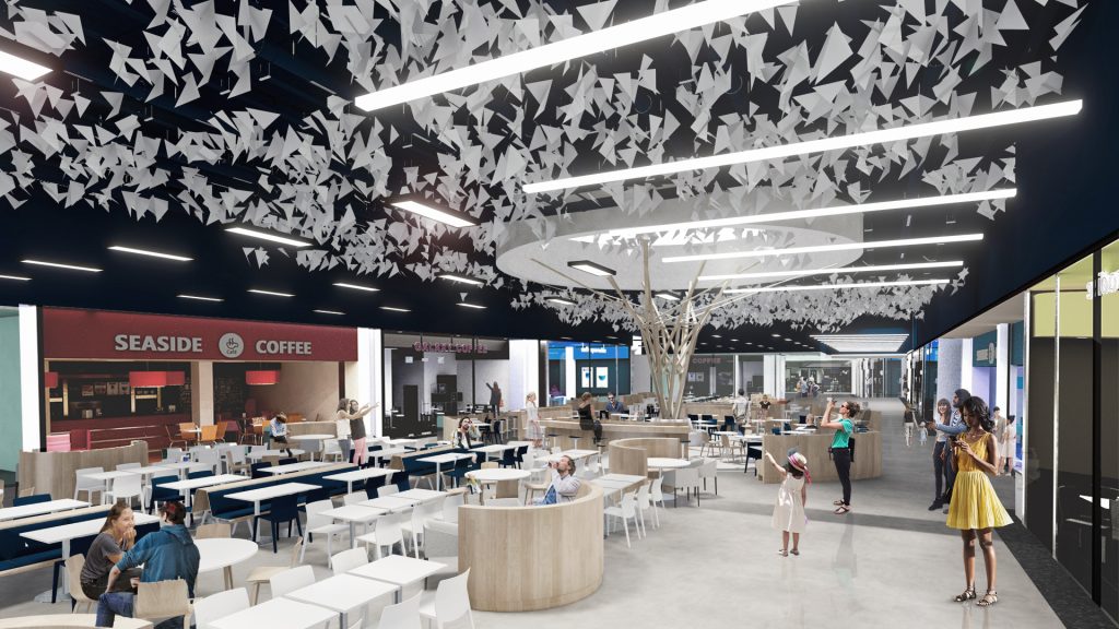 Imagem tridimensional apresentando o conceito de Foodcourt interior no projeto Praça Brasília Shopping Center, localizado em Brasília, Brasil.