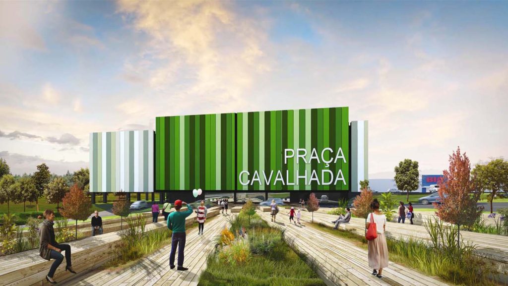 Perspetiva apresentando o conceito de Fachada principal no projeto Praça Cavalhada Shopping Center, localizado em Rio Grande do Sul, Brasil.