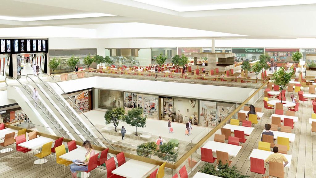 Perspetiva apresentando o conceito de Foodcourt interior no projeto Praça Cavalhada Shopping Center, localizado em Rio Grande do Sul, Brasil.