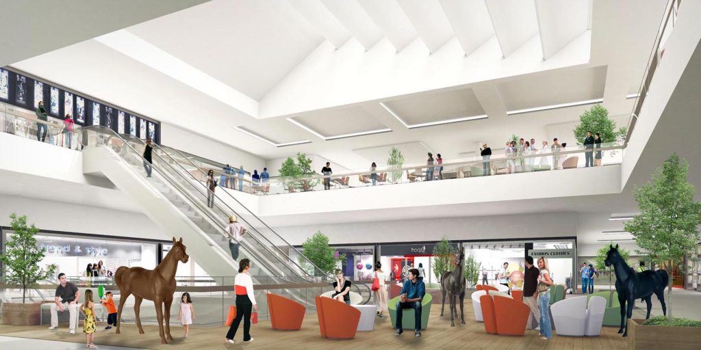 Perspetiva apresentando o conceito de Área lounge interior no projeto Praça Cavalhada Shopping Center, localizado em Rio Grande do Sul, Brasil.