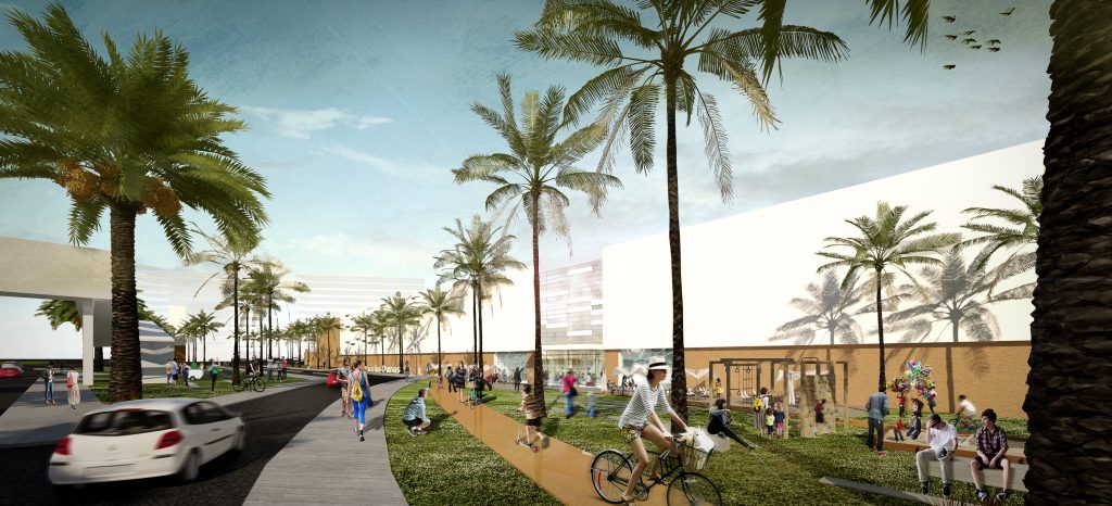 Imagem tridimensional apresentando o conceito de Perspetiva da área de lazer exterior e ciclovia no projeto Praça Das Dunas Shopping Center, localizado em Natal, Brasil.