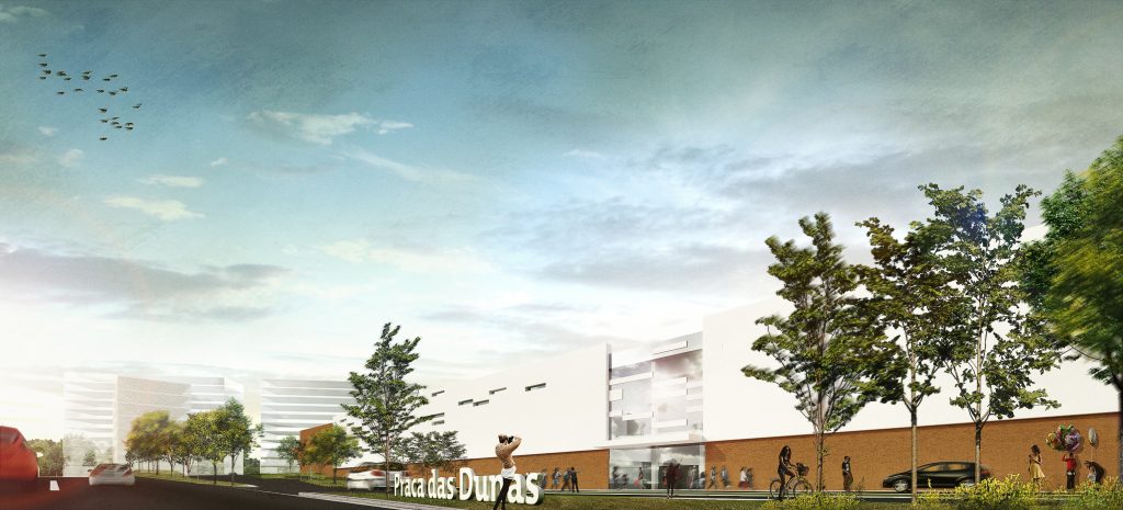 Imagem tridimensional apresentando o conceito de Perspetiva da fachada no projeto Praça Das Dunas Shopping Center, localizado em Natal, Brasil.