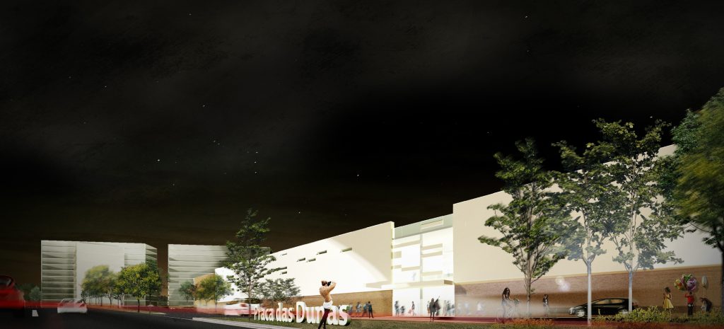 Imagem tridimensional apresentando o conceito de Perspetiva da fachada de noite no projeto Praça Das Dunas Shopping Center, localizado em Natal, Brasil.