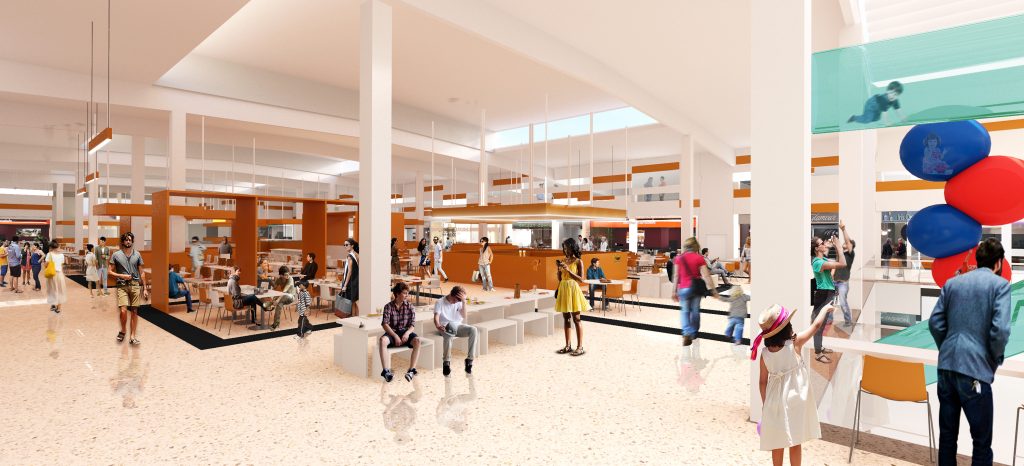 Imagem tridimensional apresentando o conceito de Perspetiva interior do foodcourt no projeto Praça Das Dunas Shopping Center, localizado em Natal, Brasil.