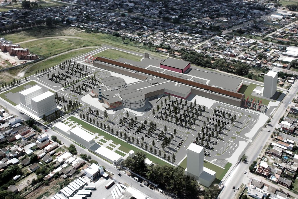 Axonometria apresentando o conceito de Implantação, enquadramento e envolvente urbana no projeto Praça Rio Grande Shopping Center, localizado em Rio Grande do Sul, Brasil.