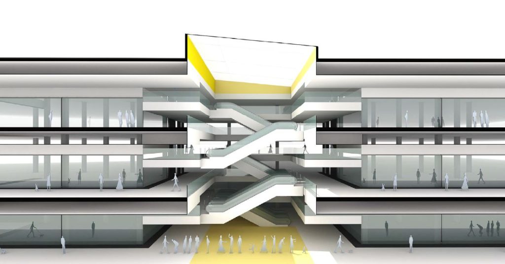 Corte perspectivado apresentando o conceito de profundidade e escala no projeto Praça Sapopemba Shopping Center, localizado em São Paulo, Brasil.