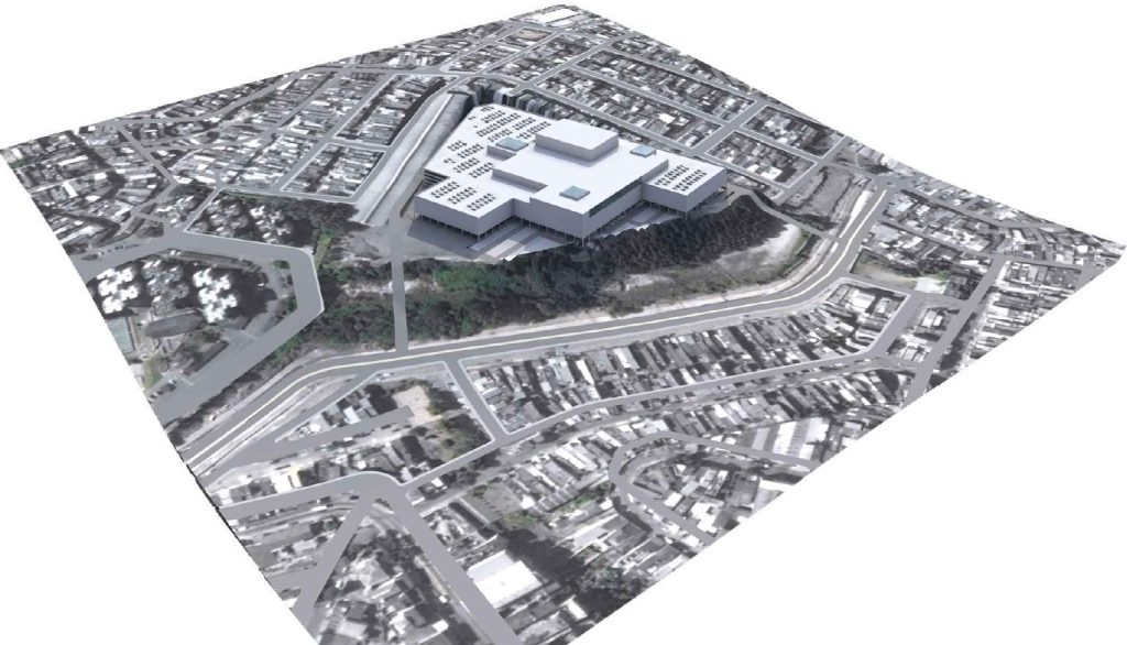 Axonometria apresentando o conceito de Implantação, enquadramento e envolvente urbana no projeto Praça Sapopemba Shopping Center, localizado em São Paulo, Brasil.