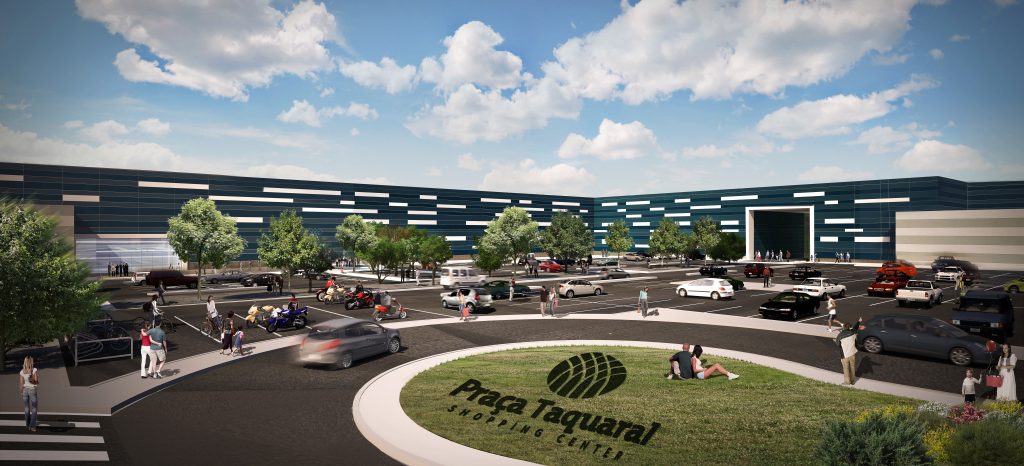 Axonometria apresentando o conceito de Implantação, enquadramento e envolvente urbana no projeto Praça Taquaral Shopping Center, localizado em São Paulo, Brasil.