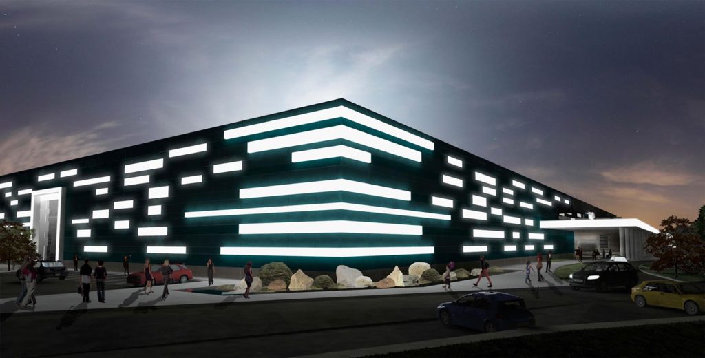 Imagem tridimensional apresentando o conceito de Fachada, materiais e ritmo de cores no projeto Praça Taquaral Shopping Center, localizado em São Paulo, Brasil.