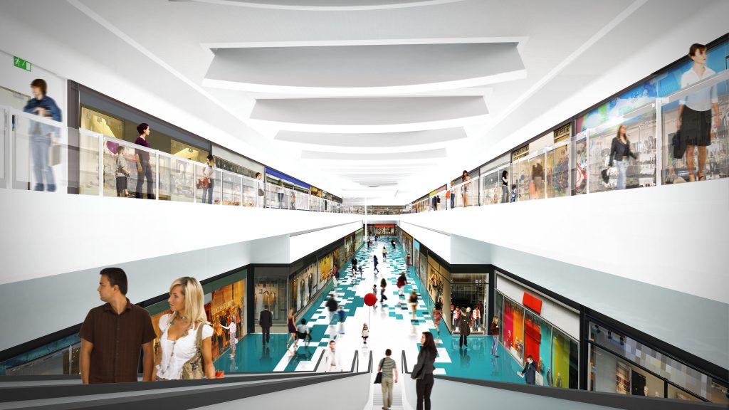Perspetiva apresentando o conceito de Lojas no projeto Praça Taquaral Shopping Center, localizado em São Paulo, Brasil.