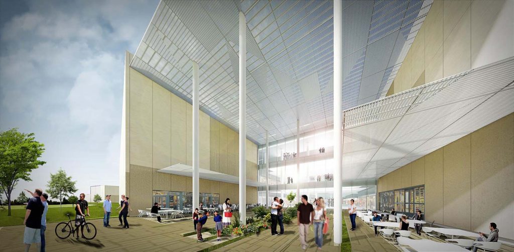 Imagem tridimensional apresentando o conceito de Entrada principal no projeto Praça Das Torres Shopping Center, localizado em Manaus, Brasil.