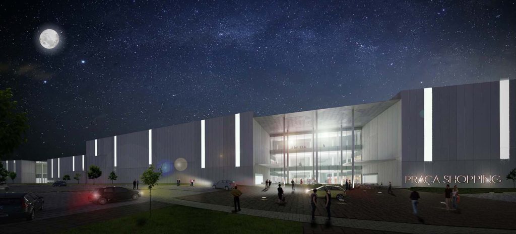 Imagem tridimensional apresentando o conceito de Fachada de noite no projeto Praça Das Torres Shopping Center, localizado em Manaus, Brasil.