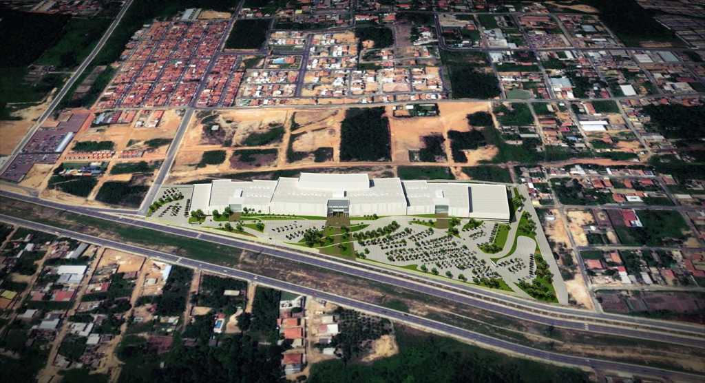 Axonometria apresentando o conceito de Vista aérea de implanta e envolvente urbana no projeto Praça Das Torres Shopping Center, localizado em Manaus, Brasil.