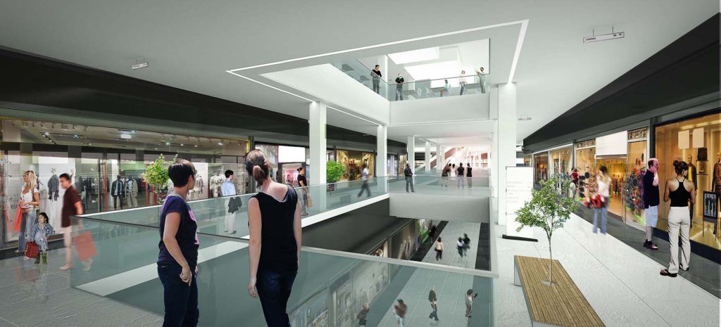 Imagem tridimensional apresentando o conceito de Perspetiva interior das lojas no projeto Praça Das Torres Shopping Center, localizado em Manaus, Brasil.