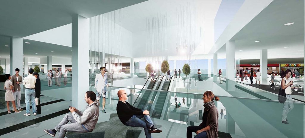 Imagem tridimensional apresentando o conceito de Perspetiva interior do foodcourt e lounge no projeto Praça Das Torres Shopping Center, localizado em Manaus, Brasil.