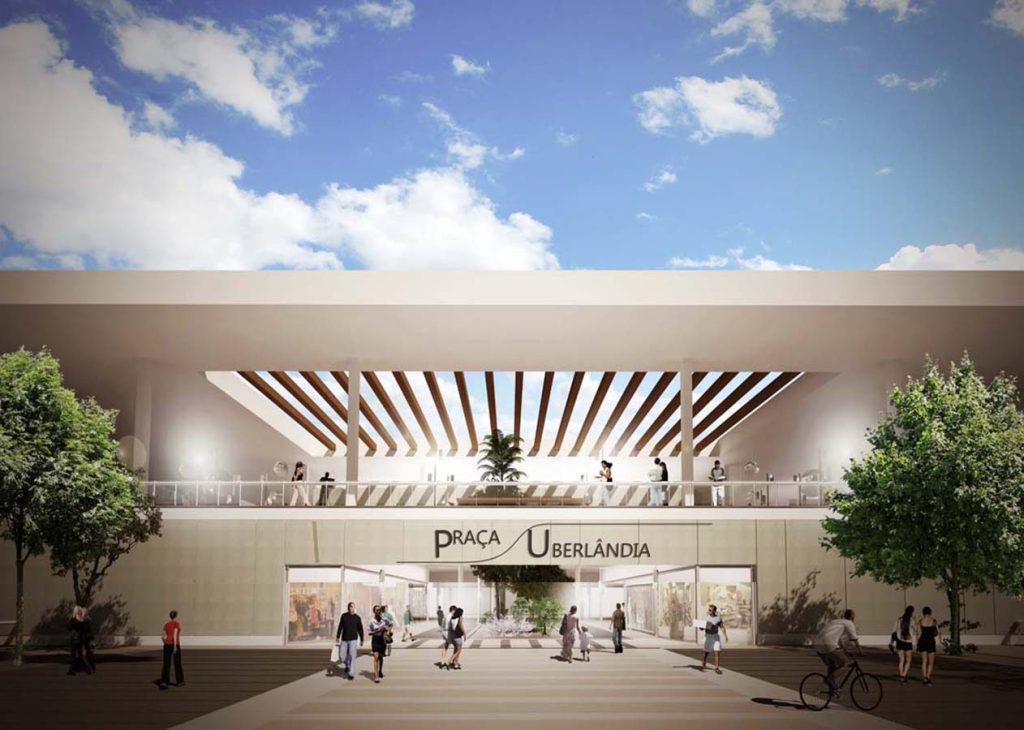 Imagem tridimensional apresentando o conceito de Entrada principal no projeto Praça Uberlândia Shopping Center, localizado em Minas Gerais, Brasil.
