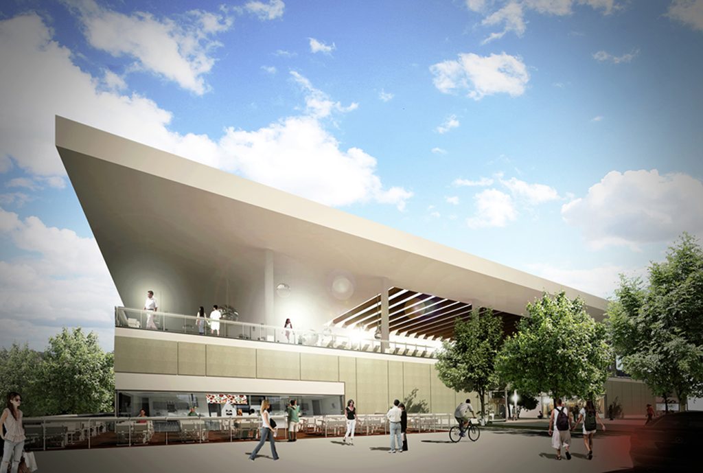 Imagem tridimensional apresentando o conceito de Perspetiva exterior da fachada no projeto Praça Uberlândia Shopping Center, localizado em Minas Gerais, Brasil.