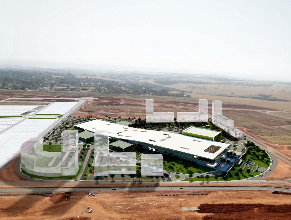 Axonometria apresentando o conceito de Enquadramento, envolvente urbana e implantação no projeto Praça Uberlândia Shopping Center, localizado em Minas Gerais, Brasil.