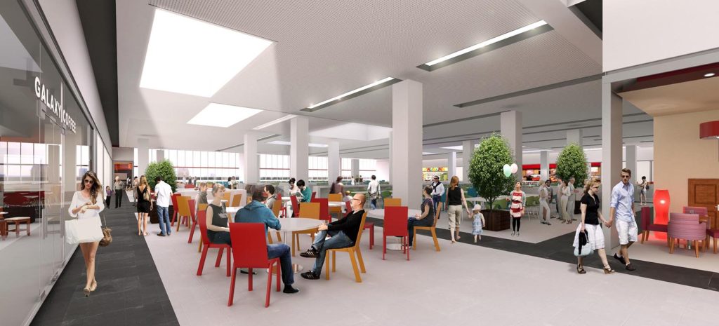 Imagem tridimensional apresentando o conceito de Perspetiva interior do foodcourt no projeto Praça Uberlândia Shopping Center, localizado em Minas Gerais, Brasil.