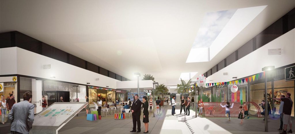 Imagem tridimensional apresentando o conceito de Perspetiva interior das lojas no projeto Praça Uberlândia Shopping Center, localizado em Minas Gerais, Brasil.