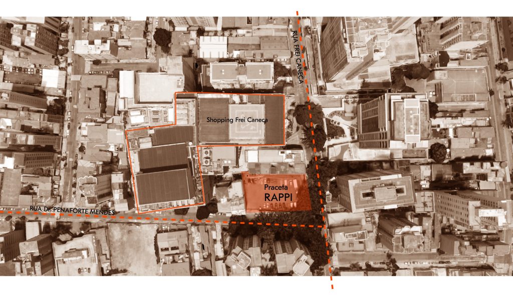 Diagrama apresentando o Limites e entorno no projeto Praceta Rappi, localizado em São Paulo, Brasil.