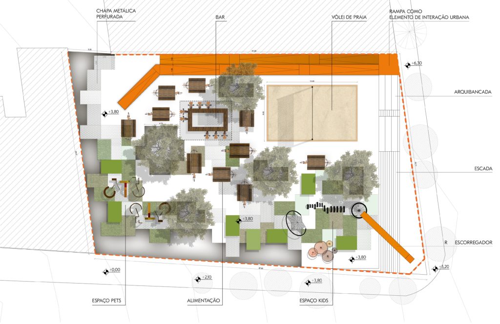 Planta apresentando a Área exterior, proposta e layout no projeto Praceta Rappi, localizado em São Paulo, Brasil.
