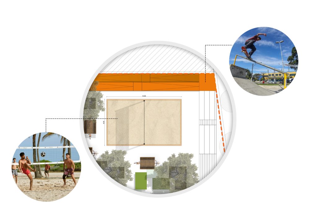Planta apresentando a Quadra de vôlei no projeto Praceta Rappi, localizado em São Paulo, Brasil.
