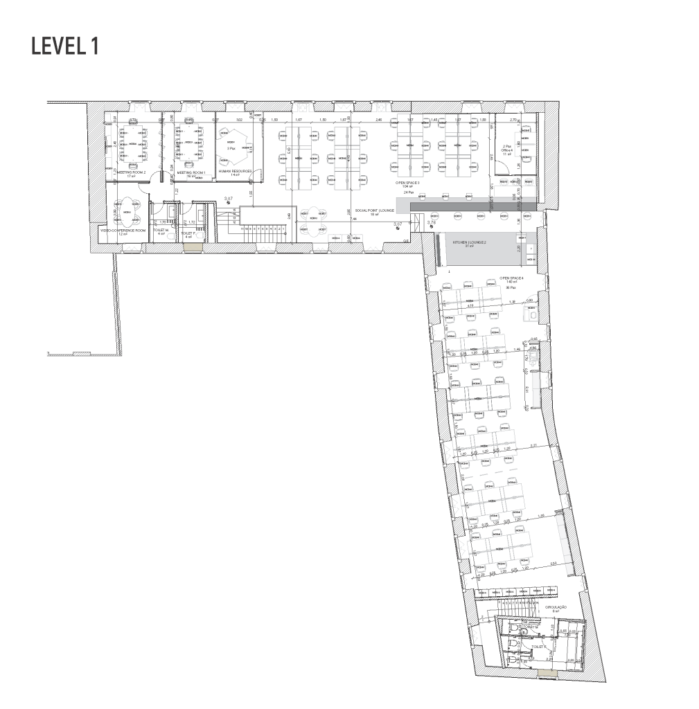 Planta apresentando o Piso 1 no projeto Q31 Nordea, localizado em Oeiras, Portugal.