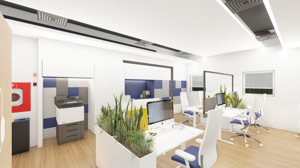 Imagem tridimensional apresentando o Área de impressoras de arquivo no projeto Q35 Nordea P0, localizado em Oeiras, Portugal.