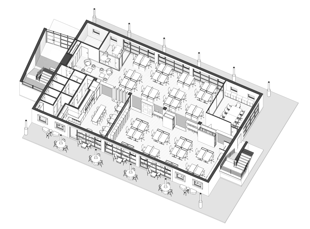 Axonometria apresentando o Modelo 3D do layout no projeto Q35 Nordea P0, localizado em Oeiras, Portugal.