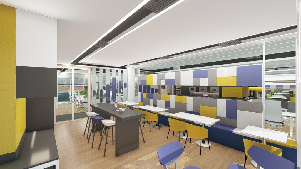 Imagem tridimensional apresentando o Copa e parede acústica no projeto Q35 Nordea P0, localizado em Oeiras, Portugal.