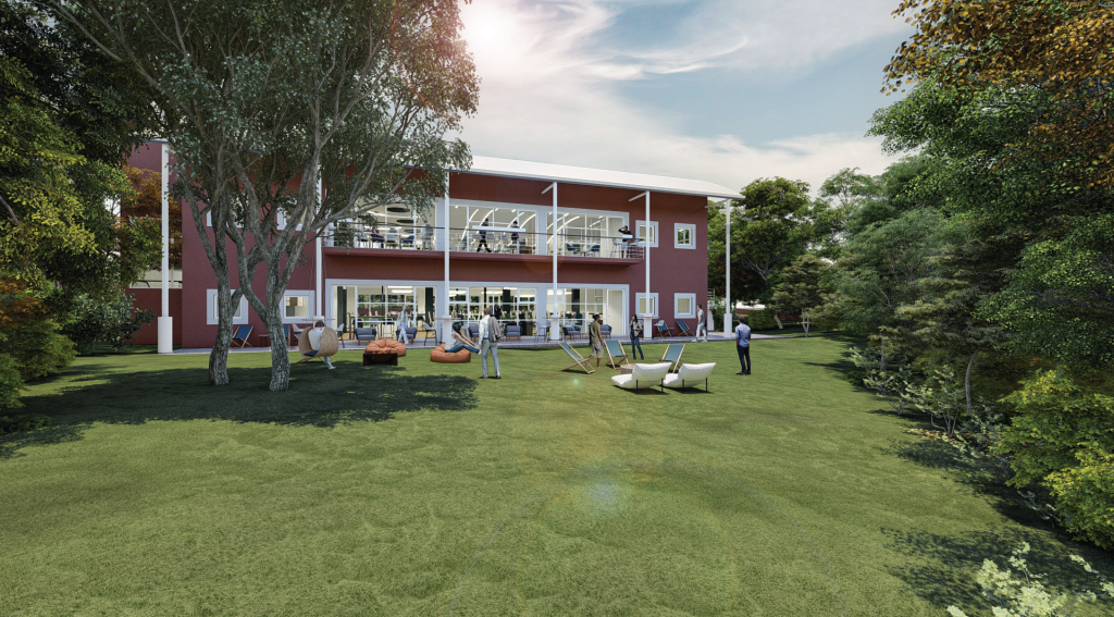 Imagem tridimensional apresentando o Vista exterior, jardim e mobiliário no projeto Q35 Nordea P0, localizado em Oeiras, Portugal.