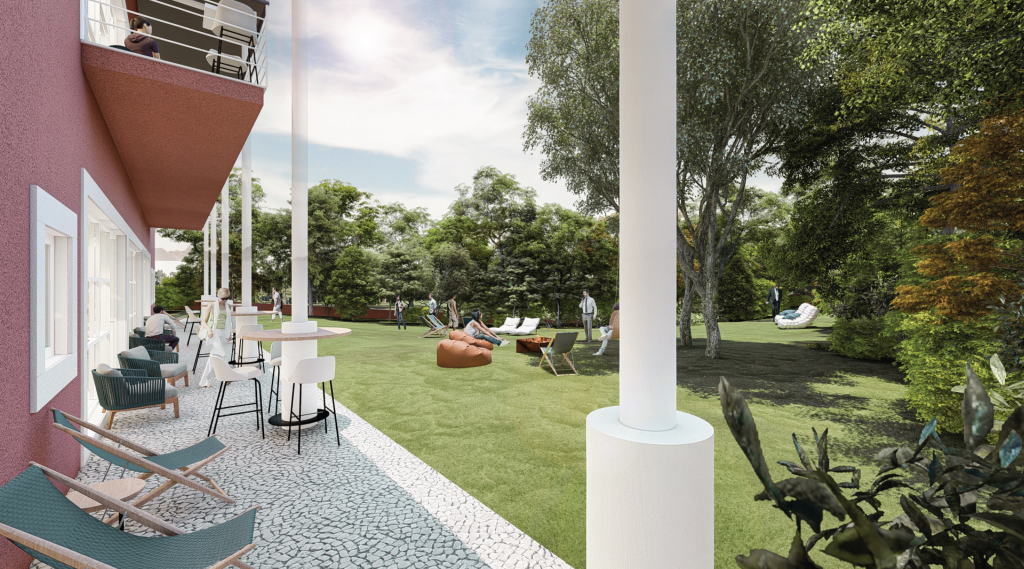 Imagem tridimensional apresentando o Vista exterior, espaço de lazer no projeto Q35 Nordea P0, localizado em Oeiras, Portugal.